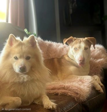 Two dogs relaxing on a couch with a cozy pink blanket.