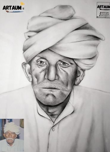 Art of an elderly man in a turban, displaying cultural attire and traditional headwear.