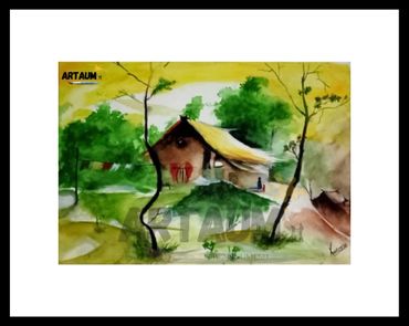 Old hut in woods painting