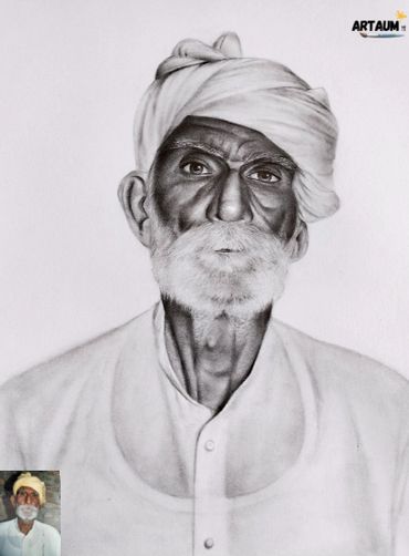 Hyper realistic pencil sketch of an elderly man with a turban and white beard.