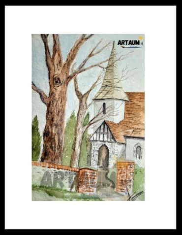 Old church with autumn trees painting