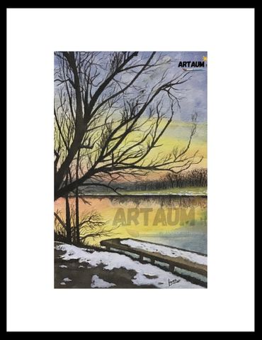 Snowy Sunset water color painting