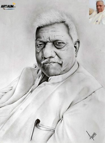 A realistic sketch portrait of an elderly man depicted in a pencil drawing.