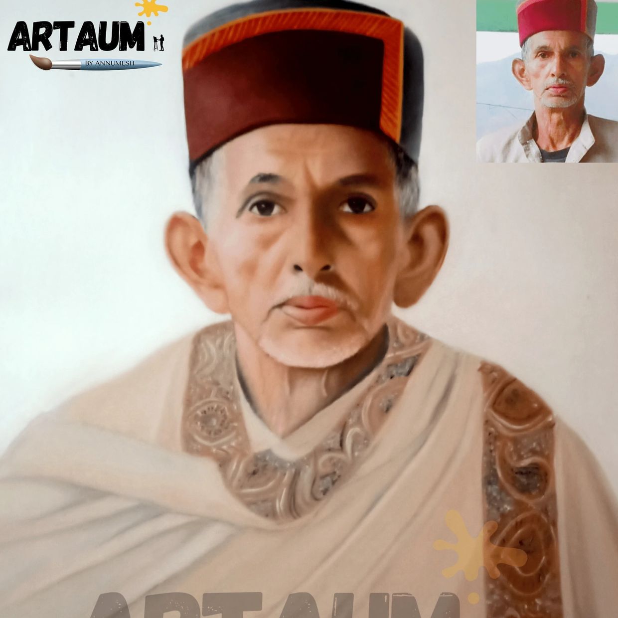 Oil colour portrait of old man with Himachali cap