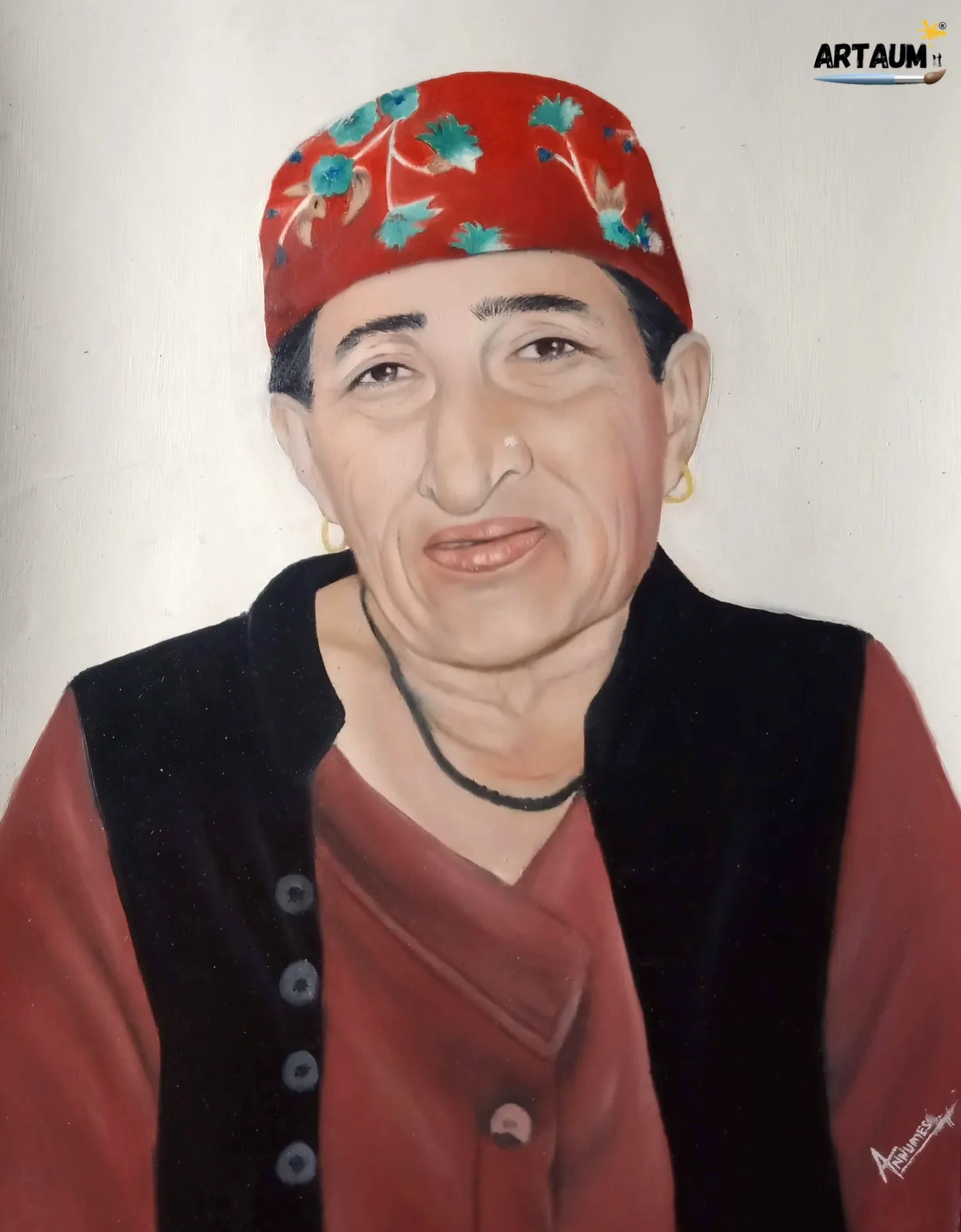 Woman oil colour painting in himachali dress