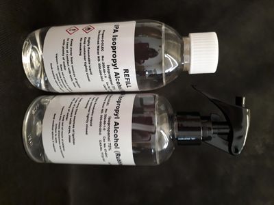 75% Isopropanol Rubbing alcohol mix in 250ml Trigger spray and Refill bottle package.