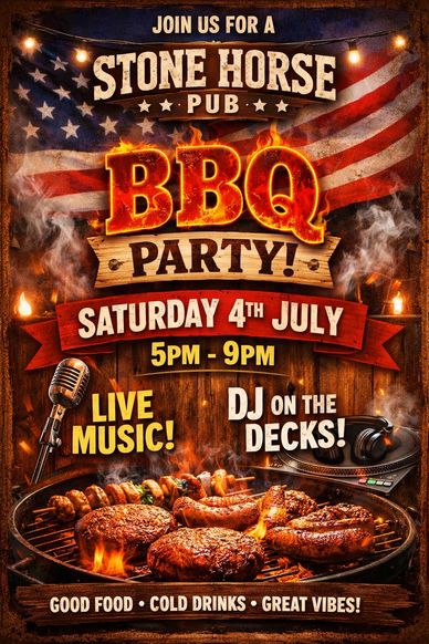 BBQ party at Stone Horse Pub with live music and DJ on July 4th, 5-9PM.