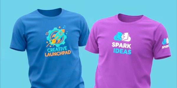 Two colorful t-shirts with creative logos and texts.