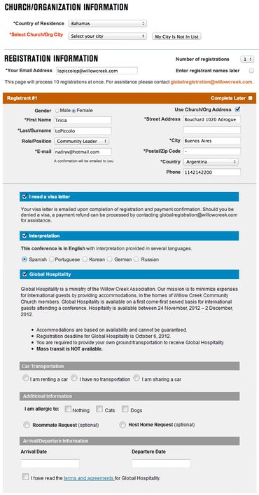 Dynamic registration form for international guests traveling to the United States for the event.
