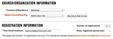 Form first asks users to select their country of origin and the event location they want to attend.