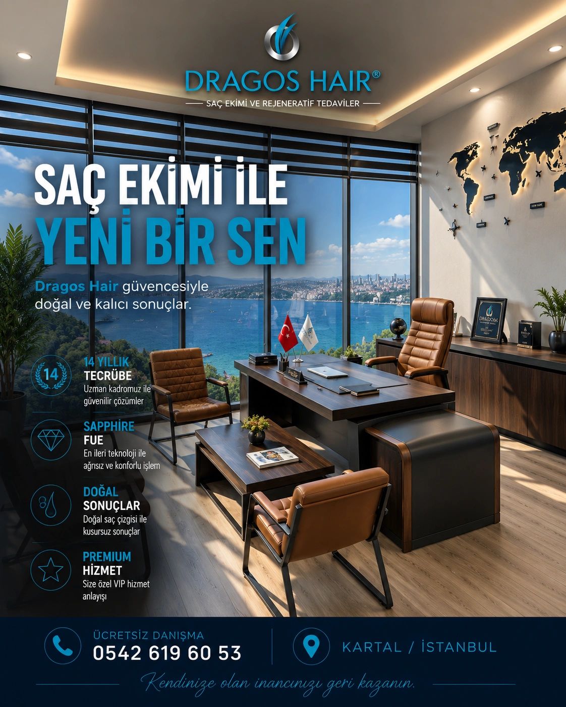 Modern office interior with a view, promoting Dragos Hair's hair transplant services in Istanbul.