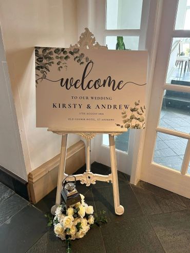 Elegant wedding welcome sign for Kirsty & Andrew dated 17th August 2024.
