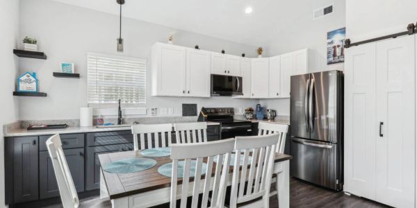 Modern kitchen with white and gray cabinets and stainless steel appliances.