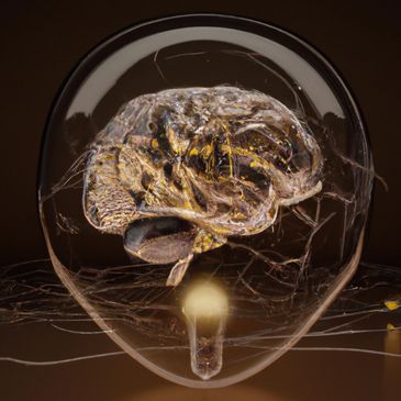 An AI-generated image of a chrome-colored human brain model inside of a lightbulb