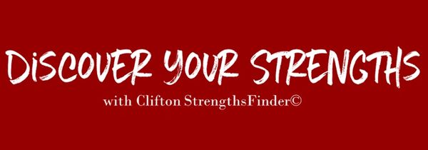 Text on a red background promoting Clifton StrengthsFinder.
