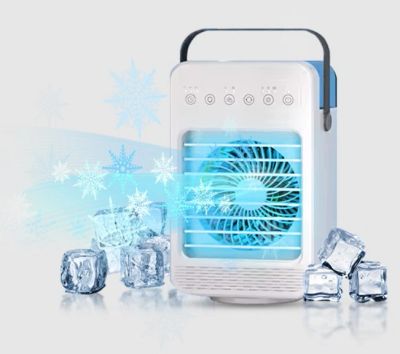 Portable mini air cooler with ice cubes and blue frost effects.