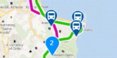 Corfu map with bus routes.