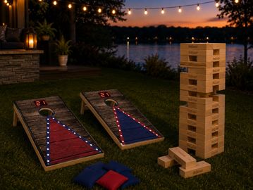Outdoor lawn games setup at dusk with cornhole boards and giant Jenga blocks.