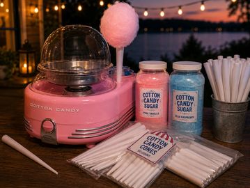 Pink cotton candy machine with sugar jars and cones at sunset.