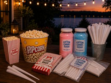 Popcorn and cotton candy supplies set on a wooden table at dusk.