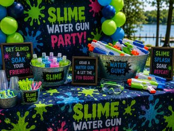Colorful slime water gun party setup with decorations and water guns.
