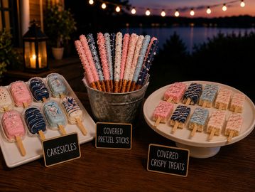 Assorted pink, blue, and white decorated cakesicles, pretzel sticks, and crispy treats on display.