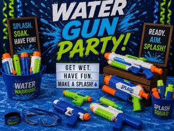 Colorful water guns and accessories arranged for a fun water gun party.