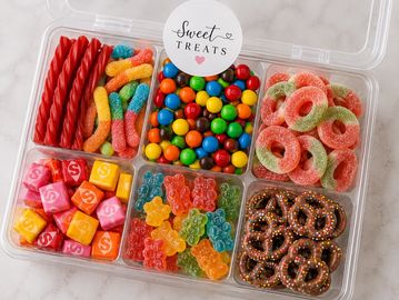 Assorted colorful candies in a divided clear plastic container labeled 'Sweet Treats'.