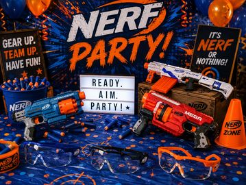 A vibrant Nerf party setup with blasters, goggles, and themed decorations.