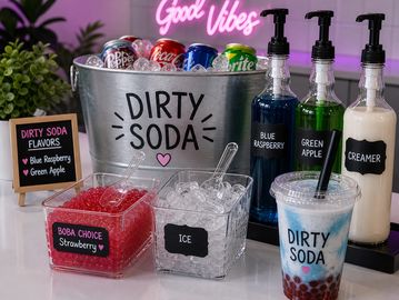 Display of dirty soda ingredients and a prepared strawberry dirty soda drink.