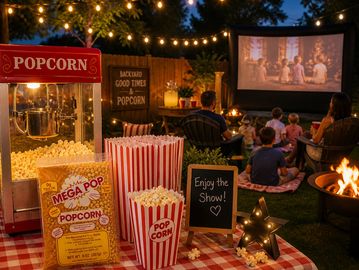 Outdoor backyard movie night with popcorn, string lights, and a cozy fire pit.