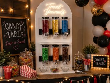 A colorful candy table with jars and dispensers under a "Treat Yourself" sign.