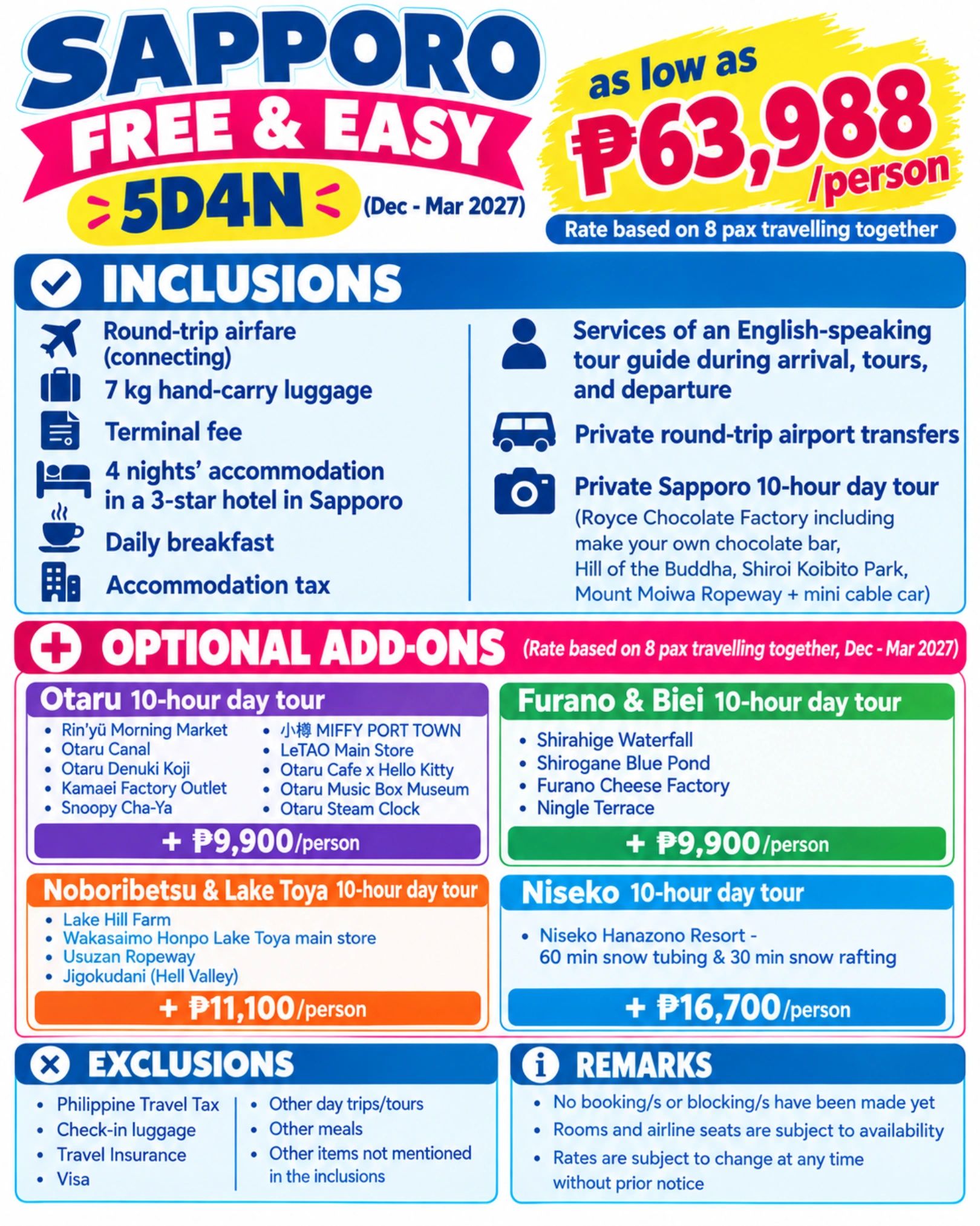 Sapporo tour package with inclusions and optional add-ons for 2027.