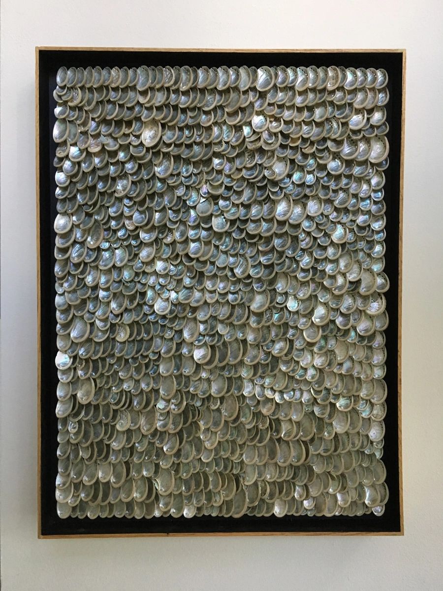"Crochet the Lake" is a wall sculpture made from abalone shells.