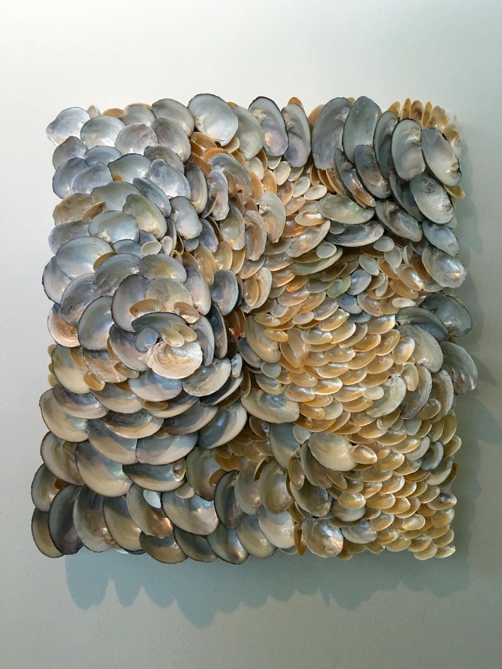 "Learning to Swim" is a wall sculpture made of mussel shells.