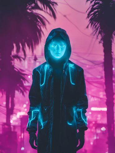 AI art of a neon colored cityscape with a person glowing blueish. AI Generated Artwork
