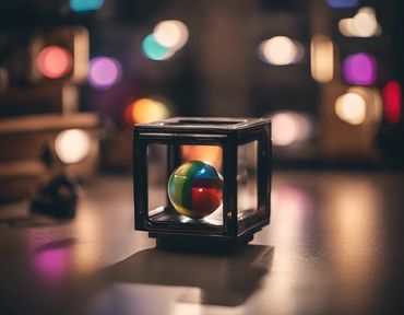 Ai art of a ball within a cube sitting on a table. Generated within Ai.