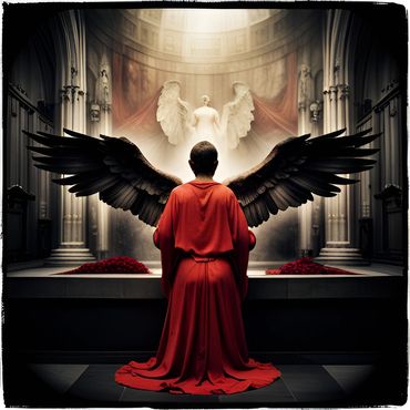 AI art of a angel without its wings kneeling at the alter. Ai generative artwork