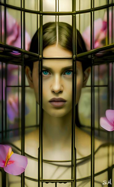 AI generative artwork of a woman in a cage. Subtle colors.
