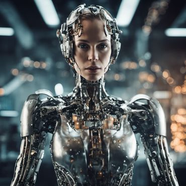 AI generative art of a hybrid. Part human, part machine. Created within ai.