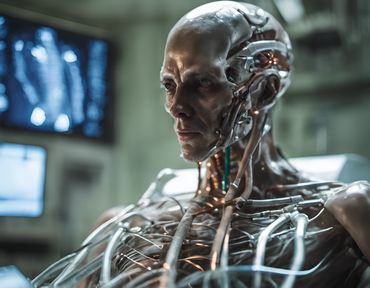 AI artwork of a part human, part machine titled Hybrids. AI art is part of a nft collection.