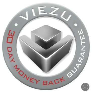 Viezu 30 Day Money Back Guarantee circular emblem with silver and red text.