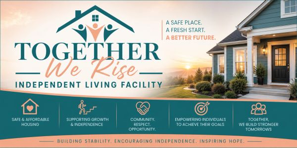 Banner for Together We Rise independent living facility with home and values.