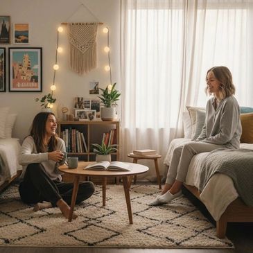 Two women chatting in a cozy, well-lit room.