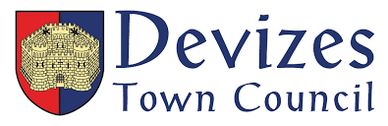 Logo of a castle in a red and blue flag, with the words Devizes Town Council on the rifht