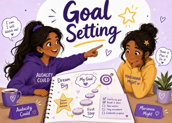 Two girls excitedly discuss goal setting with motivational notes and steps.