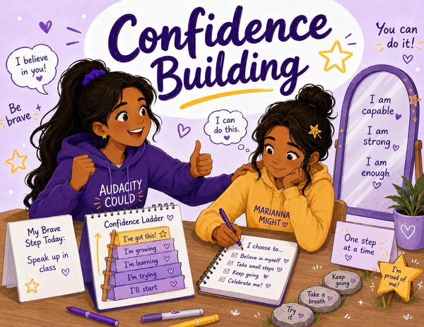 Two girls building confidence with positive affirmations and supportive messages.