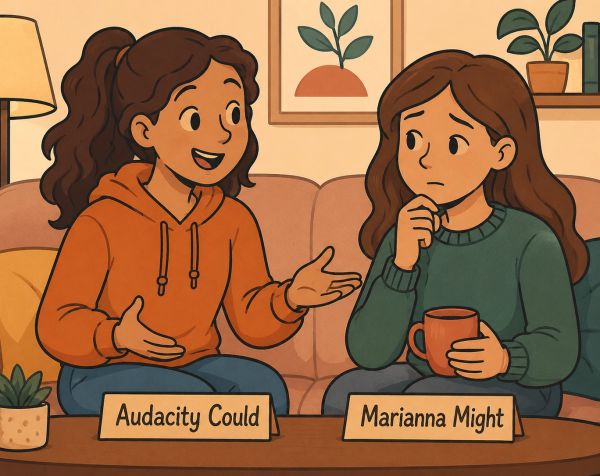 Two women discussing, one confident and the other uncertain, labeled Audacity Could and Marianna Might.