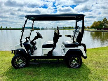 Black and white golf cart parked beside a serene lake under a cloudy sky.