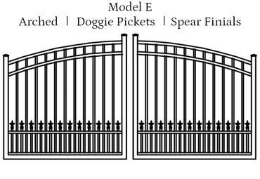 Black iron double gate with arched design and spear finials.
